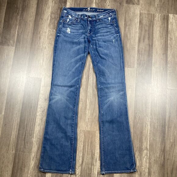 7 for All Mankind Women's Blue Bootcut Jeans Size 28X34 Long Distressed Western - Picture 6 of 10